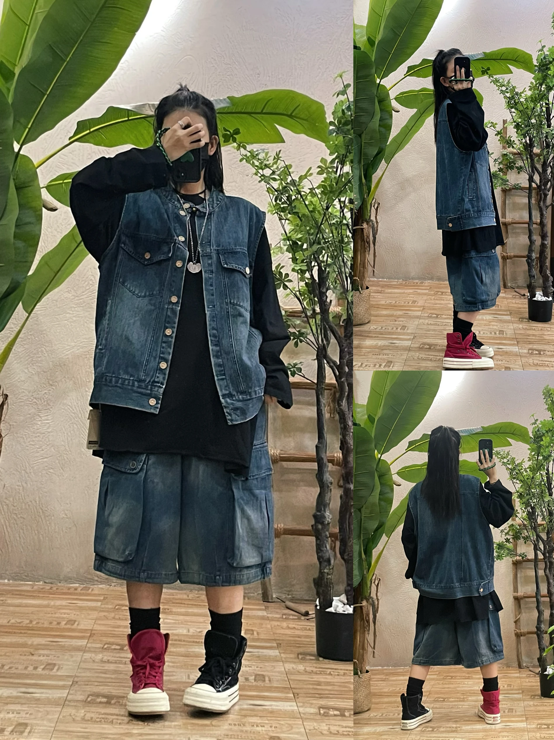 

Retro Distred Denim ort Vest Women's Wide Leg Workwear Casual Spring Autumn New Sle Set round Ne Single Button