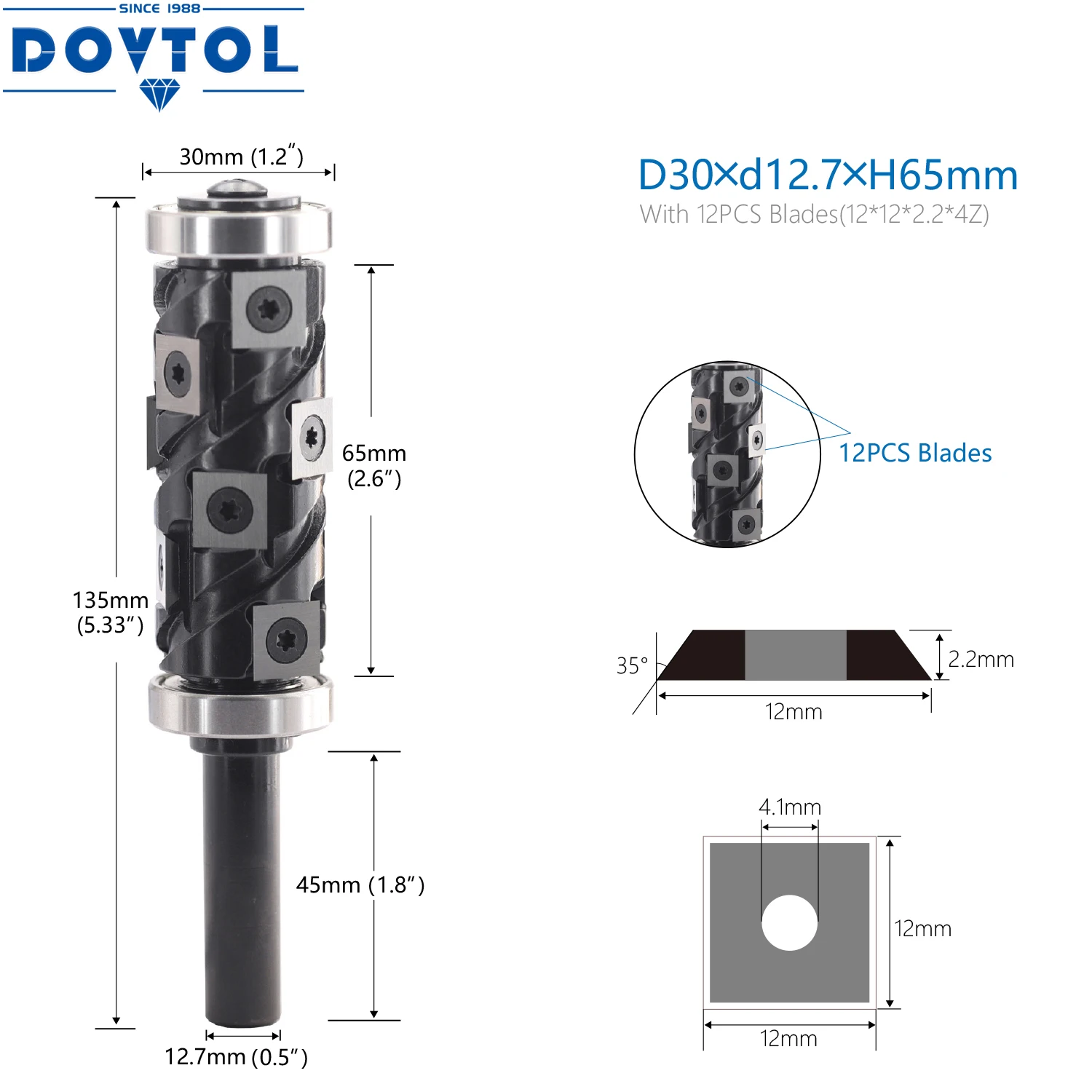 Spiral Flush Trim Router Bit 12.7mm 1/2inch Shank  Flush Trim Router Bit 65mm Cut Length with 12mm Carbide Inserts Cutters