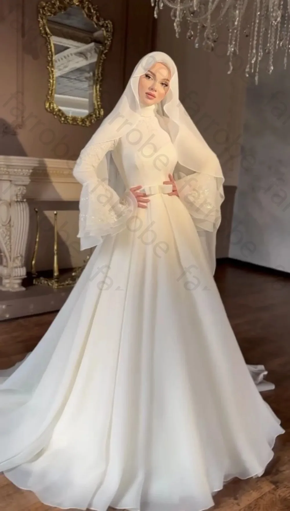 Customized Muslim A Line Floor Length Satin Lace Wedding Dress Long Bell Sleeve High Neck Hijab Bridal Gowns for Modest Luxury