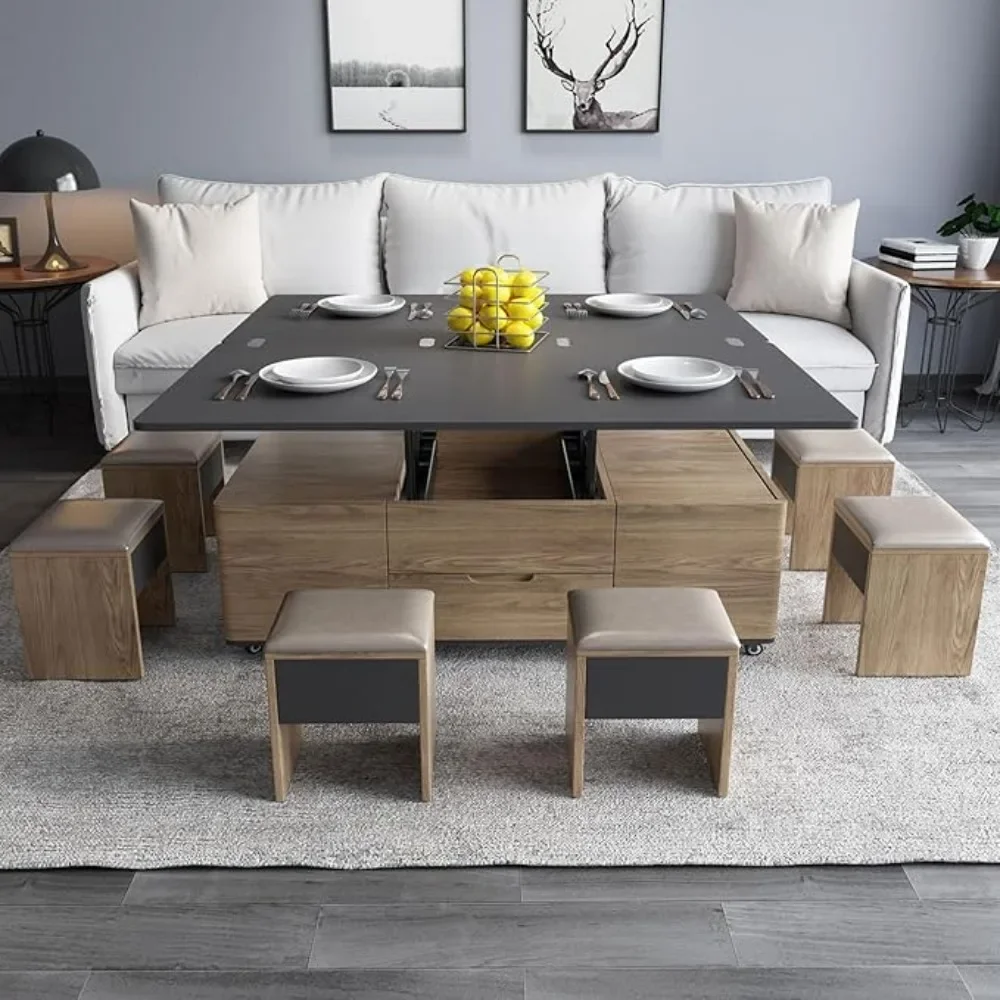 Lift Top Coffee Table with 4 Stools, Hidden Compartment & Storage Shelf, Rising Tabletop for Living Room Dining