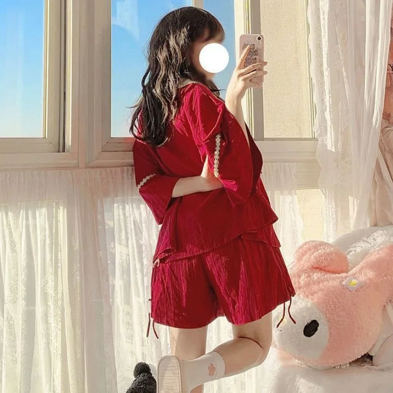 Sweet Sleepwear Women Two Pieces Short Sleeve Cardigan Shorts Japanese Pajama Sets Kawaii Baby Neck Loungewear Red Nightwear