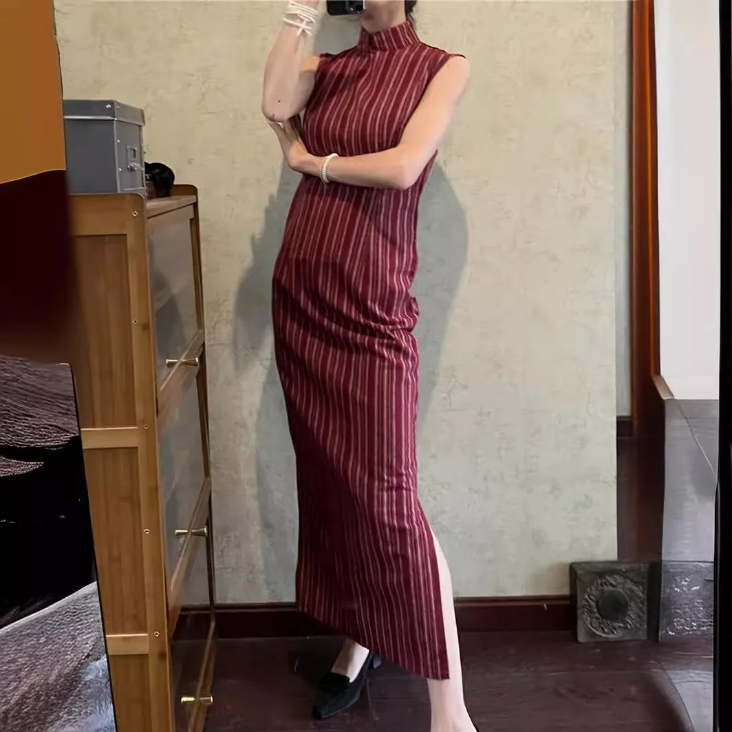 

7568 Шанхайская пляжная леди ~ национальный стиль Cheongsam с воротником в красную полоску без рукавов с разрезом ледяное шелковое платье-майка летнее