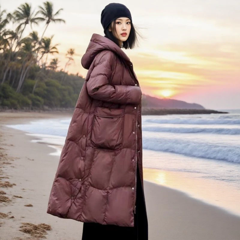 

Корейское длинное женское пуховое пальто выше колена, белое, с капюшоном, средней длины, зимнее, теплое, на молнии