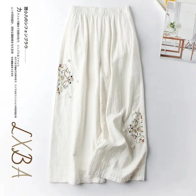 Stylish Vintage Elastic High Waist Embroidery Cropped Pants Summer Women's Clothing All-match Solid Color Casual Wide Leg Pants