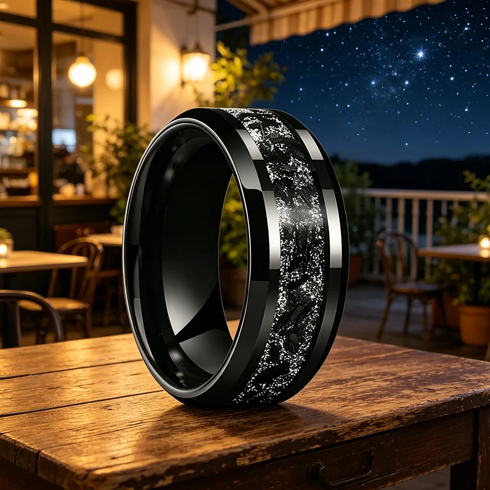 8mm schwarzer Titan-Chip-Inlay-Wolframcarbid-Ring, Verlobungs- und Eheringe für Männer und Frauen, abgeschrägter Modeschmuck, bequeme Passform – Detail 7