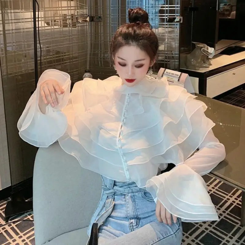 Layered Ruffle Collar Shirt For Women 2023 Spring And Autumn New Fashion Style Flare Sleeve Top For Women