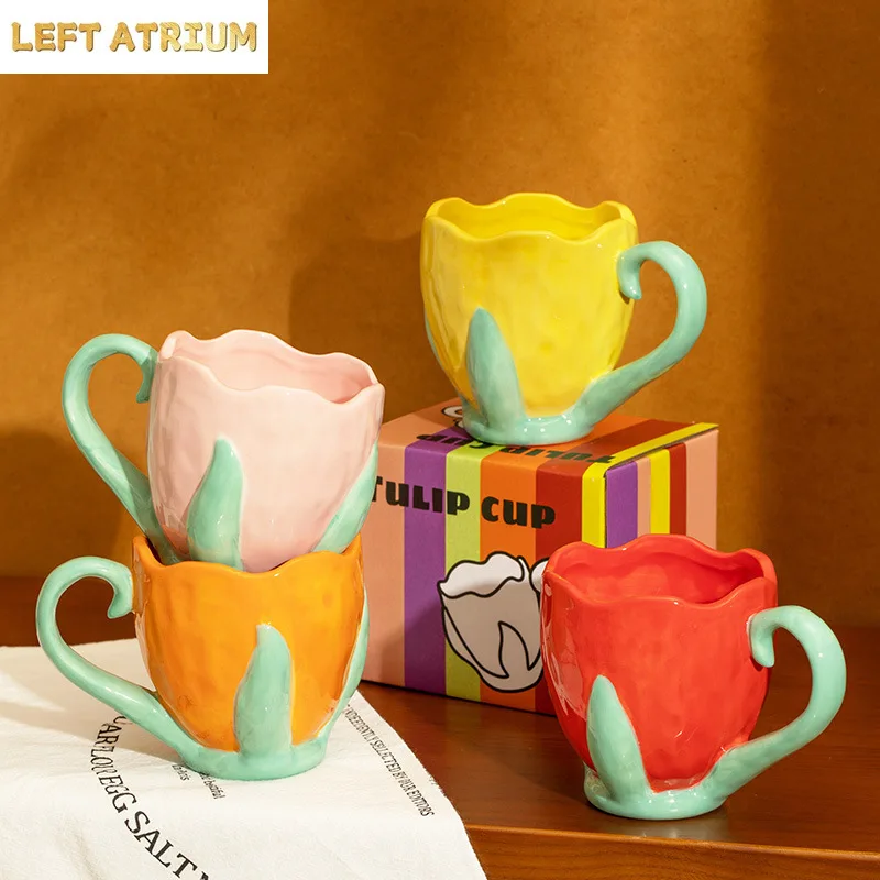 Hand-painted Tulip Ceramic Mug Flower-shaped Coffee Cups Breakfast Cups Milk Mug Afternoon Tea Cup Water Glasses Milk Tea Cup