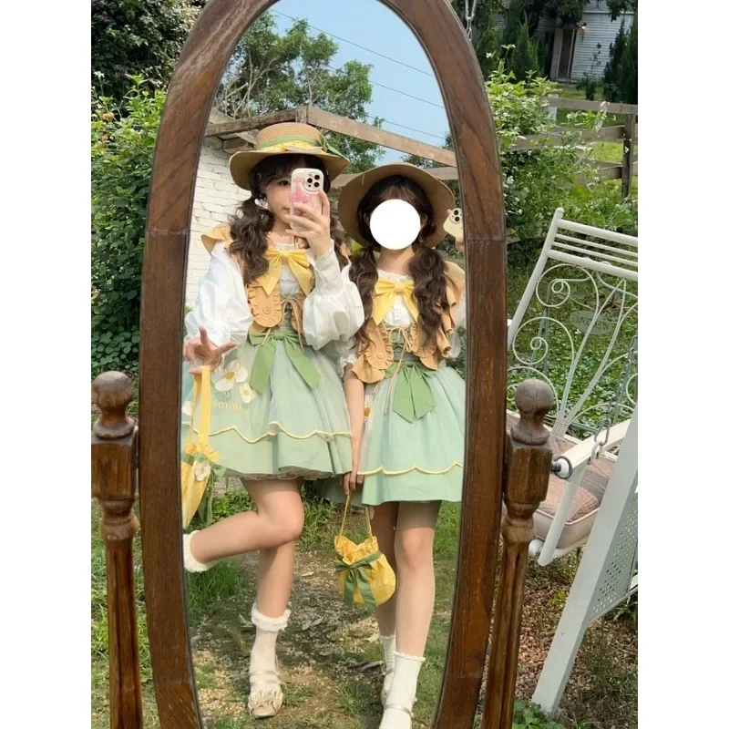 Pastoral Style Little Gardener Short Sleeves Lolita Dress Women Summer Original Design Sweet Jks Dress Sisters Cosplay Costumes