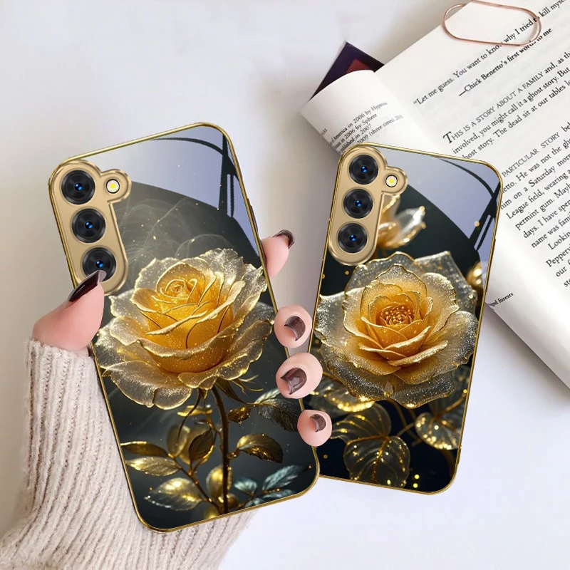 

Elegant golden rose For Samsung Galaxy S26 S20 FE S21 S22 S23 Plus S24 Ultra S25Ultra S21+ S22Plus Golden glass phone case