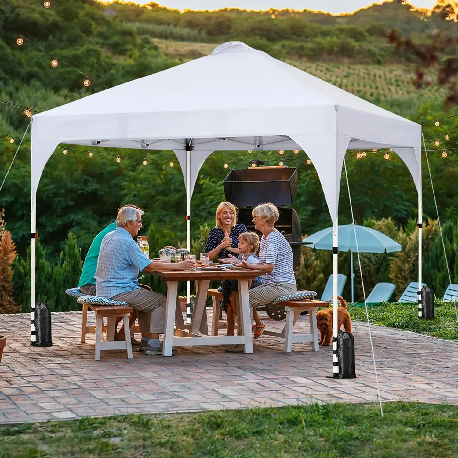 Tenda a baldacchino Pop-Up 10x10 con sfiato, tenda facile da montare, tettuccio parasole con borsa a ruote, 4 sacchi di sabbia