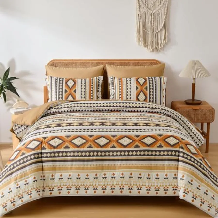 

Boho Size Bed in A Bag 7 Pieces, Comforter Set Aztec Striped Fall Bedding Set Patchwork Complete Set Geometric Pattern Comforte