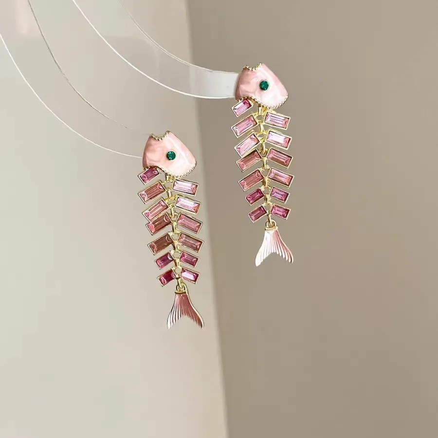 Pink Fishbone Crystal Drop Earrings, Vintage Enamel Fish Shape Dangle Earrings for Women Jewelry for Women