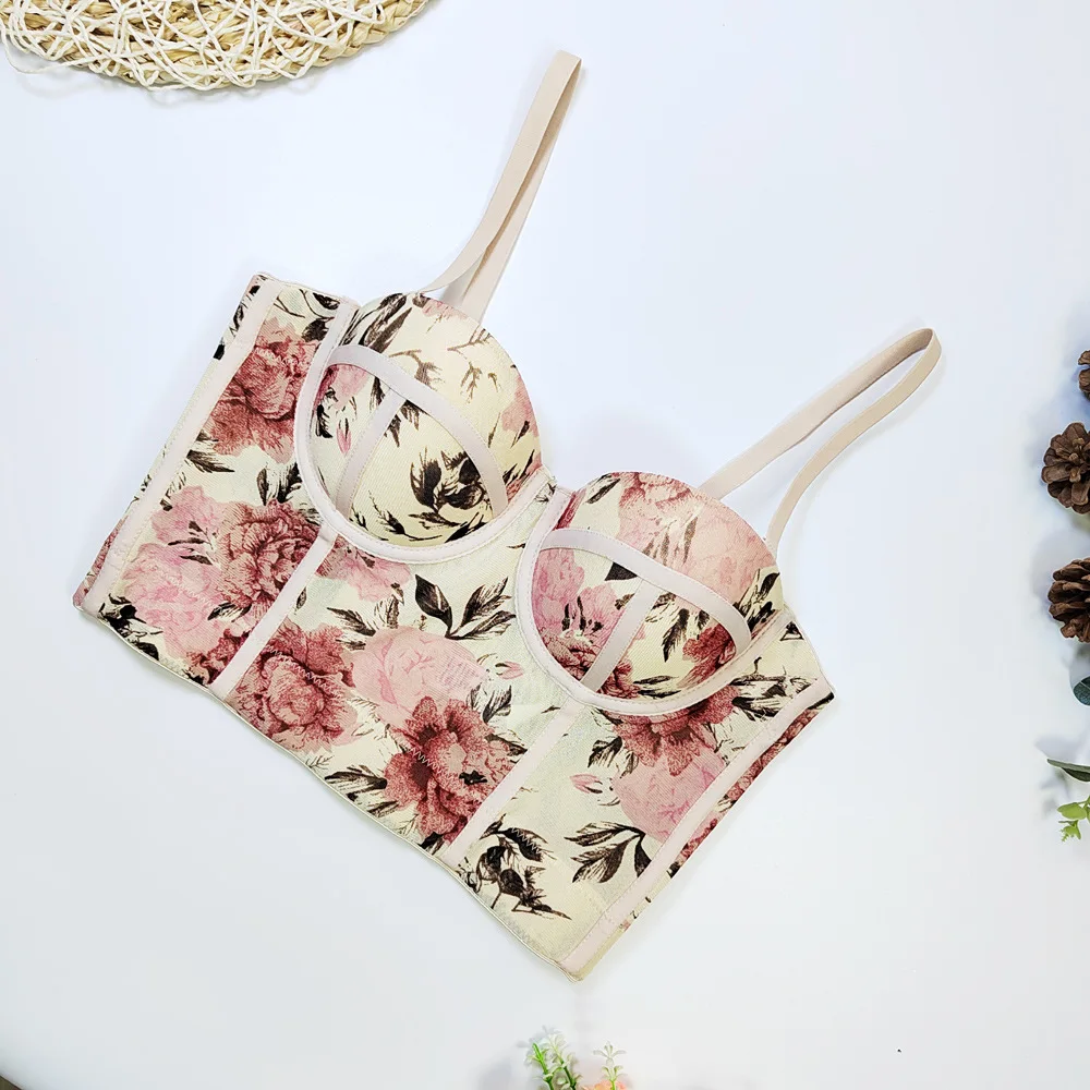 

Vintage 2025 Floral Vest Corset Women French Style Print Flowers Short Tops Party Night Club Bustier Push-up Bra Apricot 44929