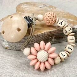 New DIY Custom Name Silicone Bead Wooden Ring Pacifier Clips Safe Teething Chains Teether Friendly Dummy Beech Clips Holder Gift