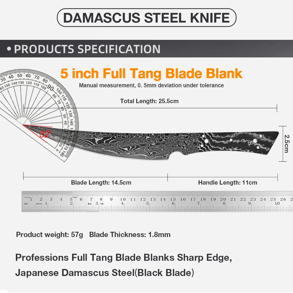 Handmade Damascus Steel Utility Knife Blank Curved Edge Blade Blank with Tang Heat Treated, Sharp, Ready Knife Making Supplies view 2