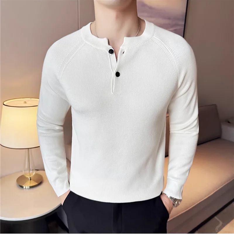 Men Luxury Henry Collar Sweater 2024 Autumn Winter Fashion Slim Fit Thick Knit Pullovers Solid Color Casual Business Warm Tops