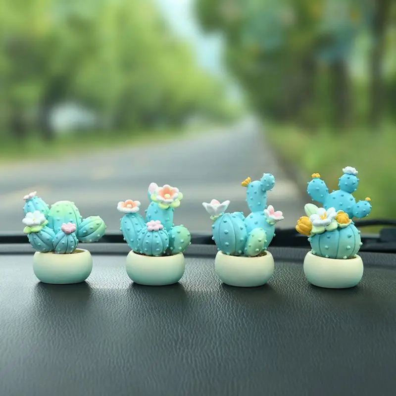 Cute Simulation Resin Cactus Potted Figurine Mini Succulent Plant Statue Car Dashboard Ornament Novelty Home Desktop Decor Gift