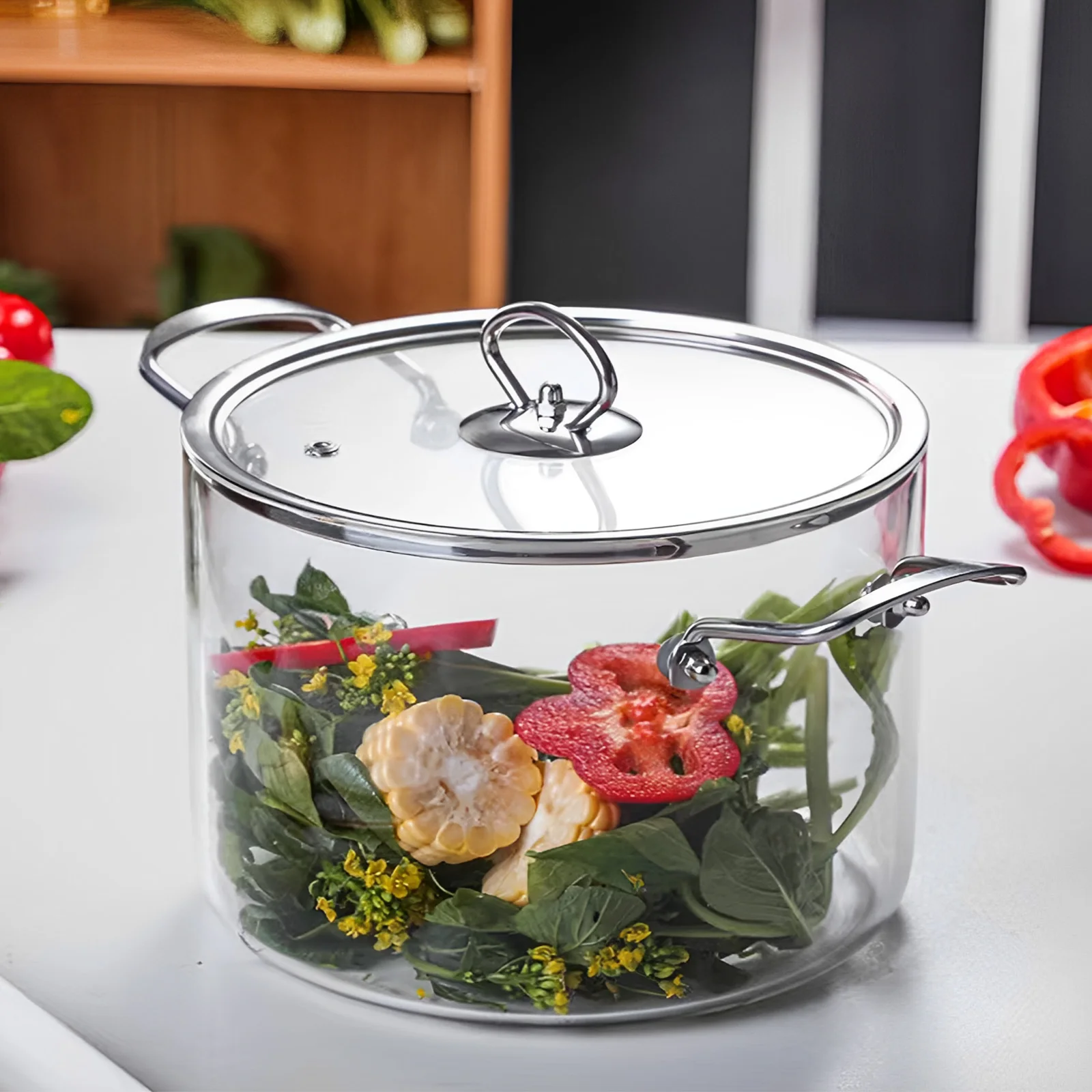 Glass Cooking Pot 2.5L/3.5L Heat Resistant Simmer Pot Clear Glass Pots with Pot Lid and Two Handle Borosilicate Glass Cookware