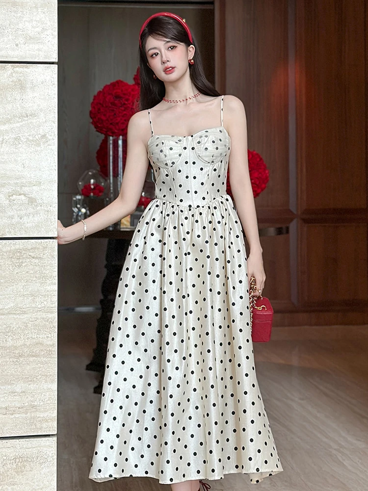 Abito da sera dolce ed elegante per le donne Celebrity Polka Dot Strap Swing Robe Party Prom Abiti Mujer Nightclub Abito a pieghe Lady