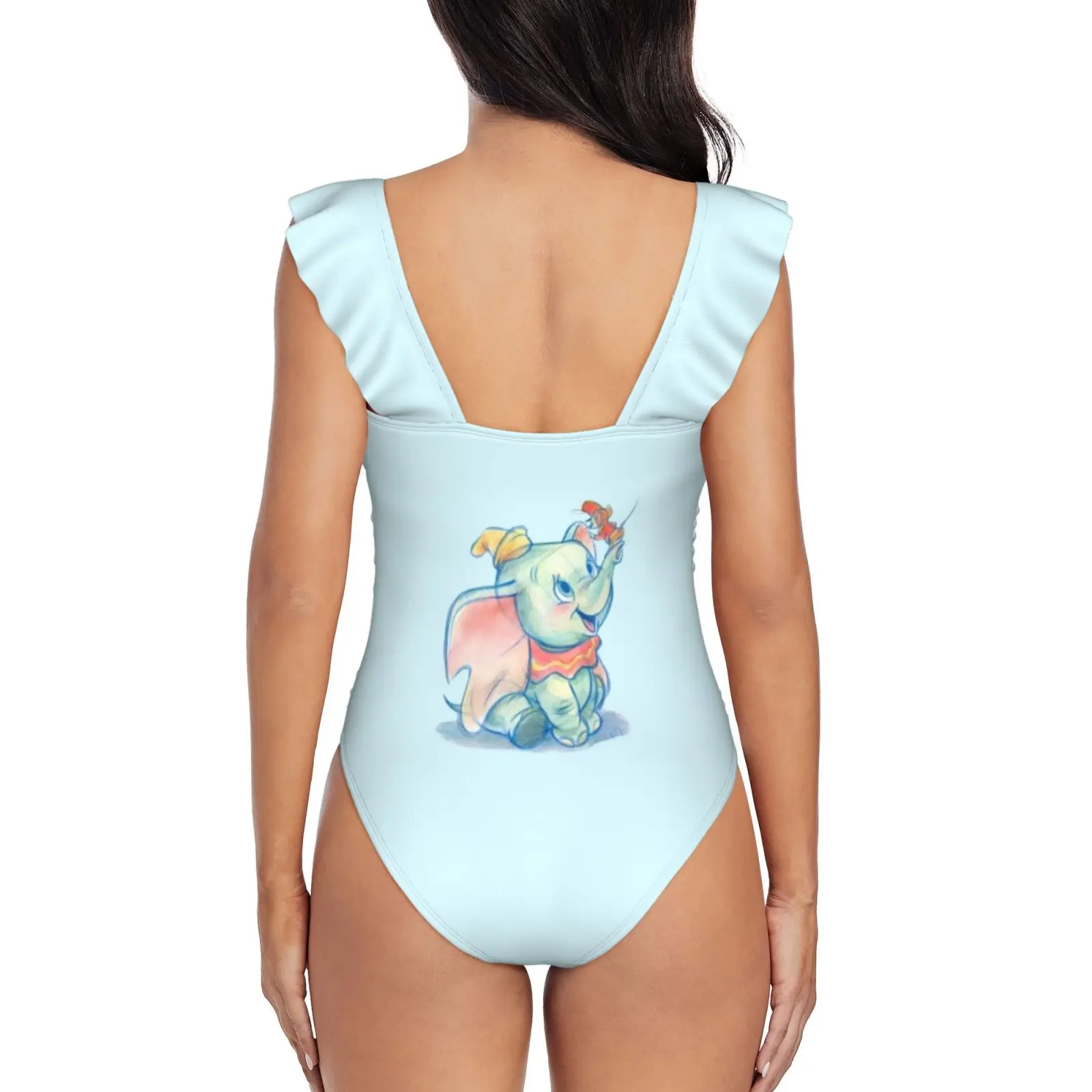 Dumbito Skecth Ruffle Swimwear Women One Piece Swimsuit Monokini Push Up Bathing Suit Beachwear Dumbo Movie Animated Cute