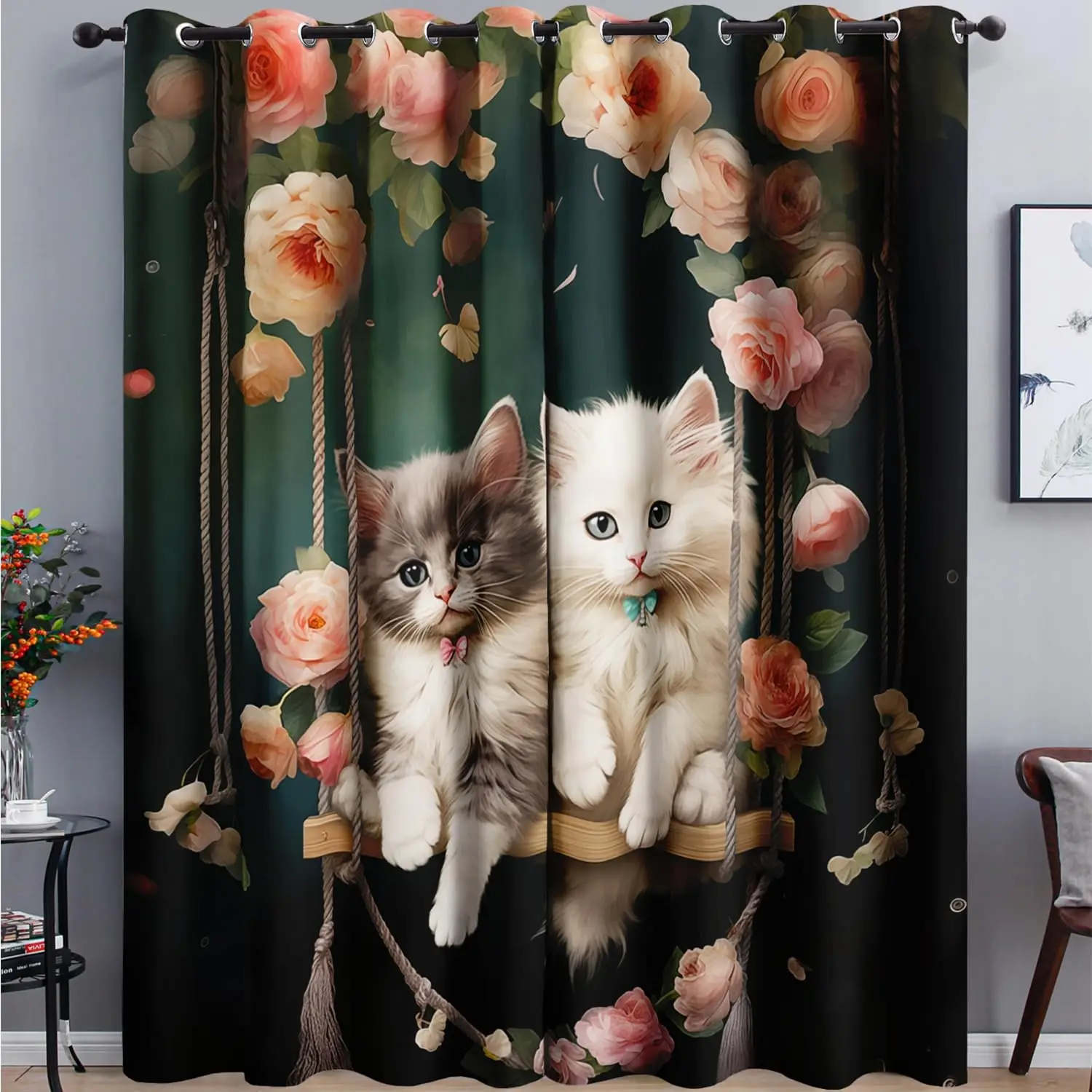 AILONEN Cartoon Beautiful Cat Window Curtains Drapes, Kawaii Kittens with Flower Curtain Tiers,Cat Lovers Animal Window Treatmen