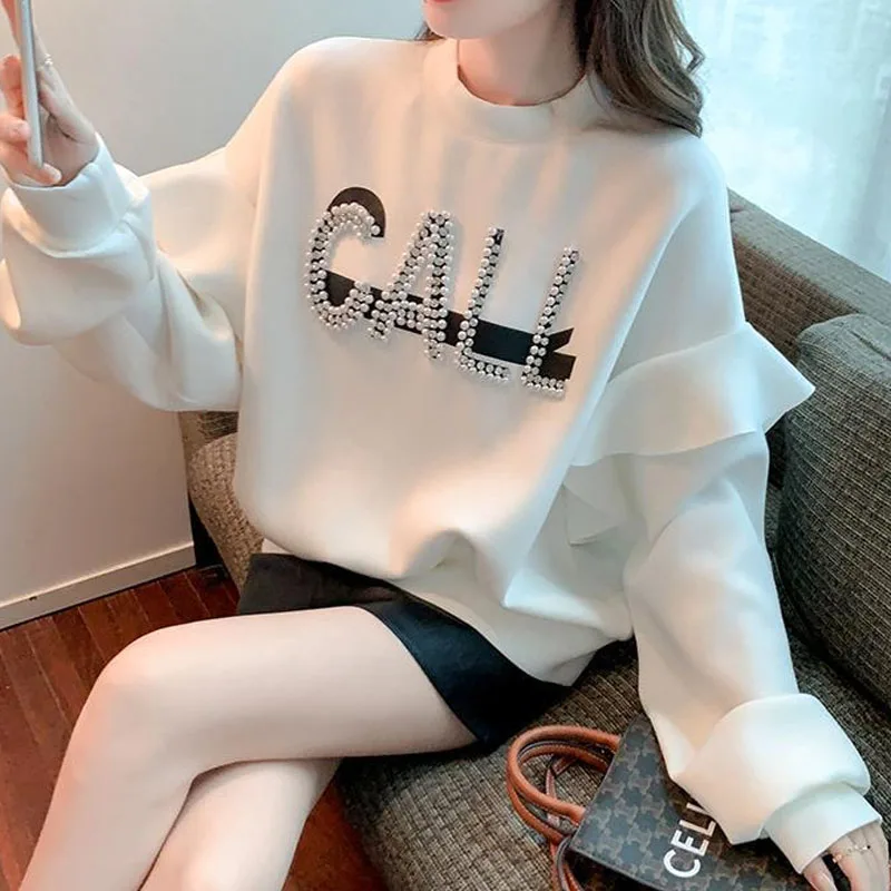 New Autumn Fashion Korean Edition Trendy Patchwork Beaded Letter Ruffle Edge Loose Versatile Western Style Women\'s Sweater