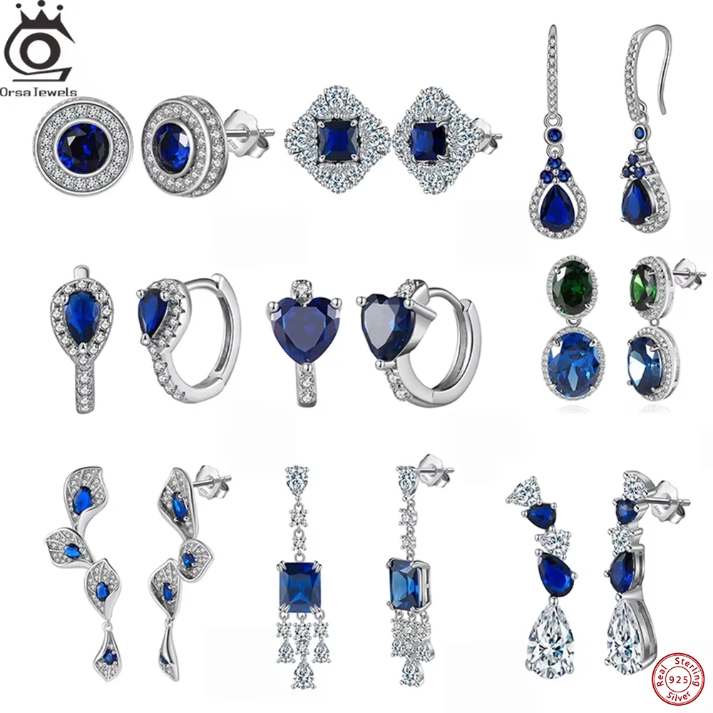 

ORSA JEWELS Exquisite 925 Sterling Silver CZ Sapphire Earrings Blue Gemstone Pendant Ear Jewelry with Clear Cubic Zirconia Gift