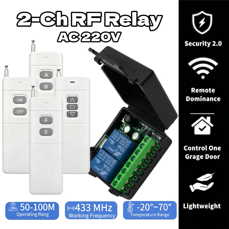 2 Channels 433Mhz RF Wireless Remote Control Switch AC 85-256V 220V 110V Relay 2CH Receiver Module For Garage Door Curtain Light