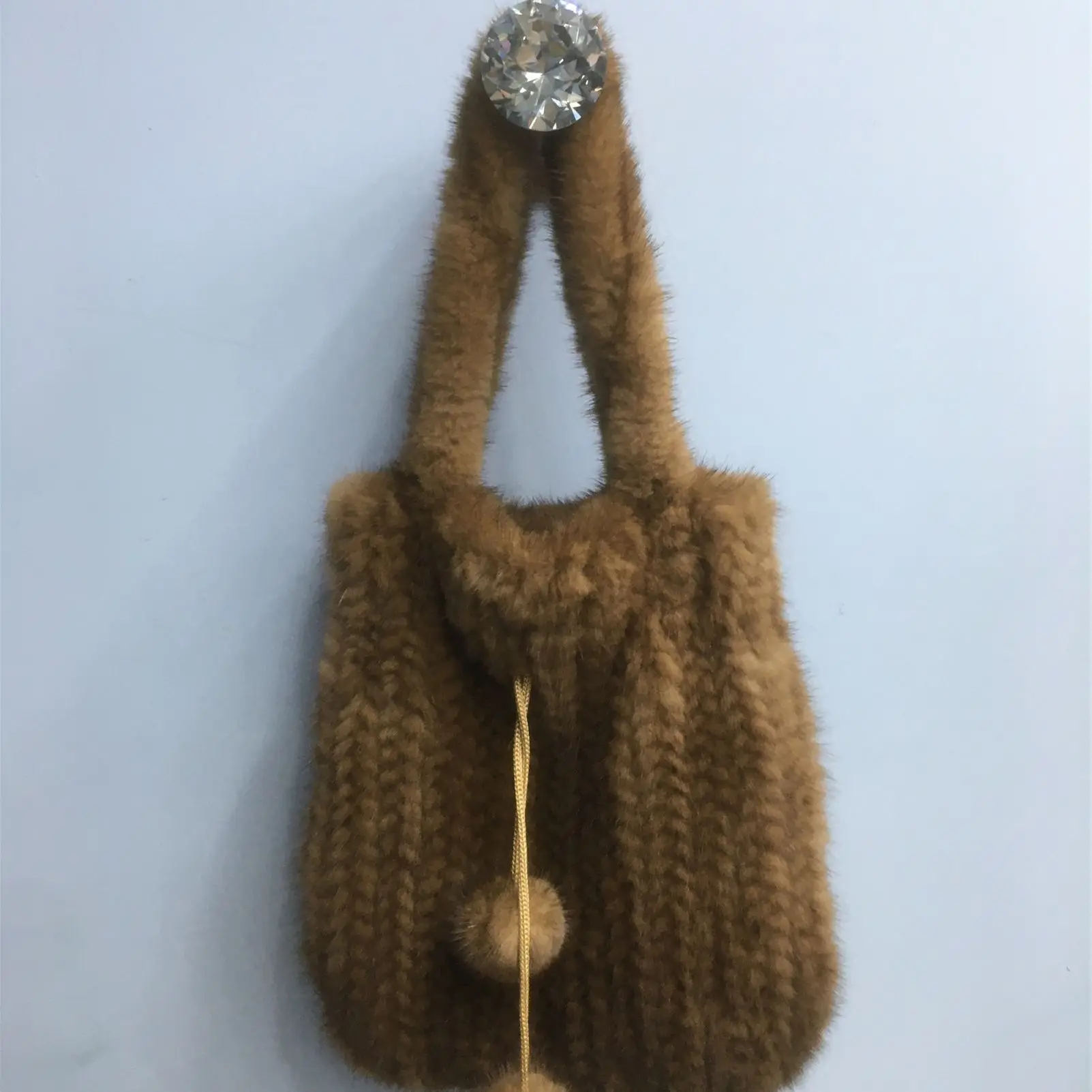 Knitted Handbag with Drawstring, Real Mink Fur, Knitted Purse, Fashionable and Luxurious,  230830