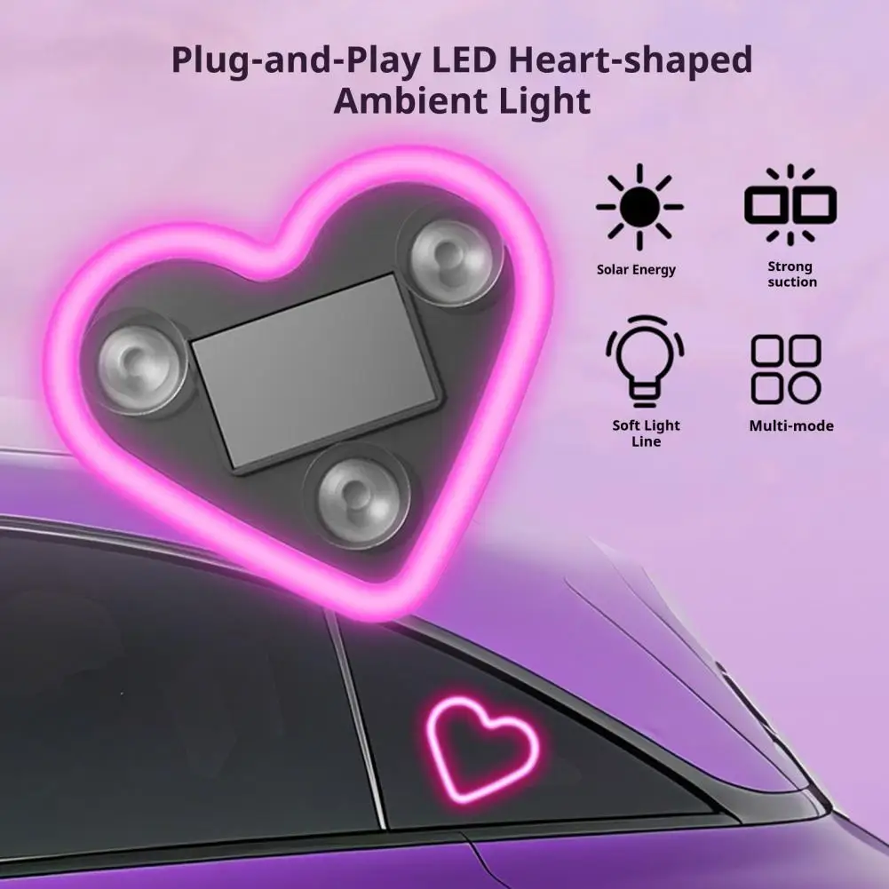 

Solar Heart Shape Ambient Light Neon Light for Car Window Waterproof LED Mood Lamp Suction Cup Romantic Car Decoration Lighting