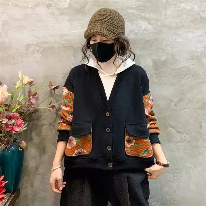 

Autumn Winter Coat Artistic Style Contrast Color Patchwork Print Sleeve V-Neck Plush Jacket Loose Single Breasted Women Top Z629