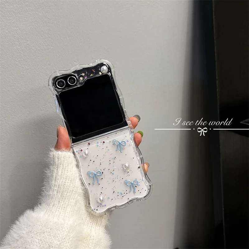 Чехол для телефона Samsung Galaxy Z Flip 3 4 5 6 3D браслет с жемчужным бантом Z Flip6 ZFlip6 Wave противоударный чехол