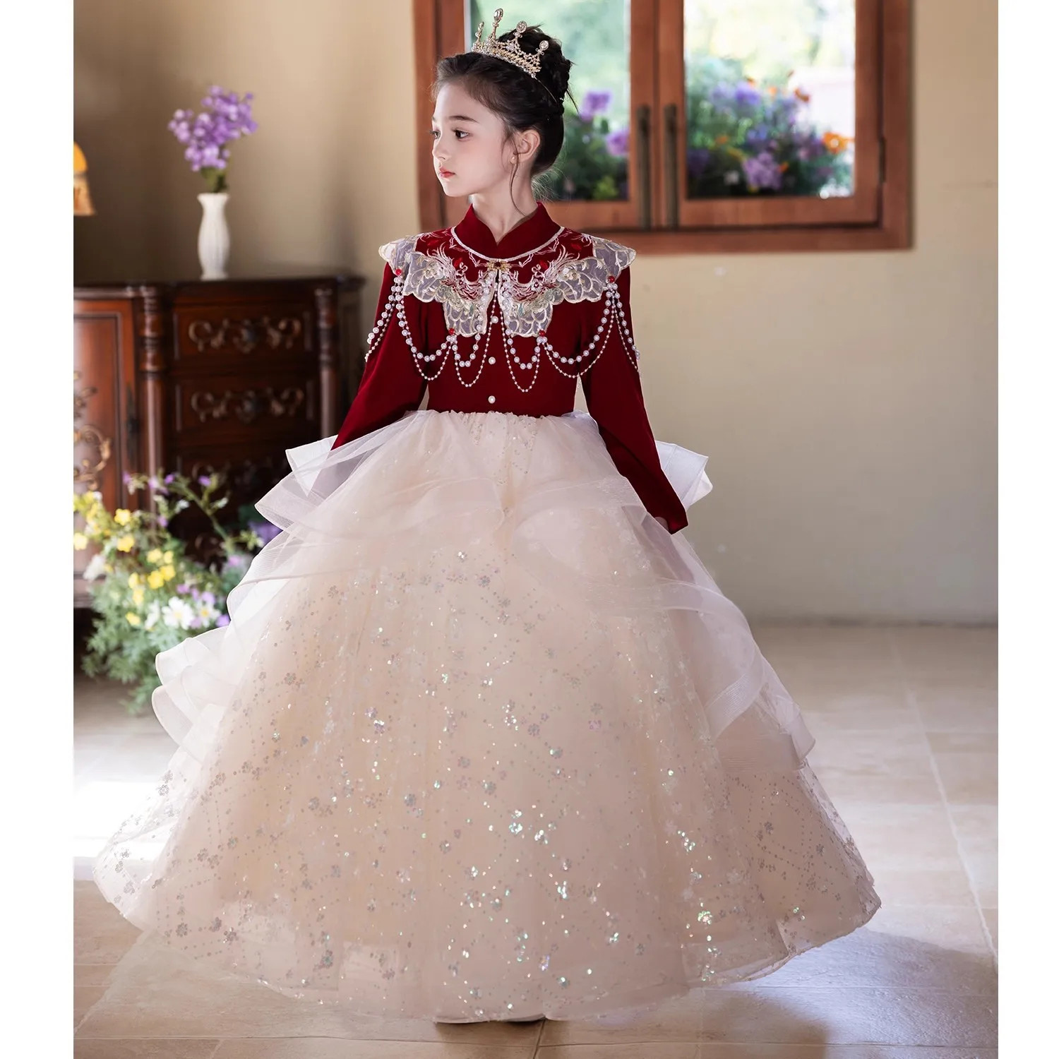 

Children Dresses 2025 New Wedding Wine Red Long Sleeved Birthday Party Girl Princess Dress Sequin Tulle New Year Kids Frocks
