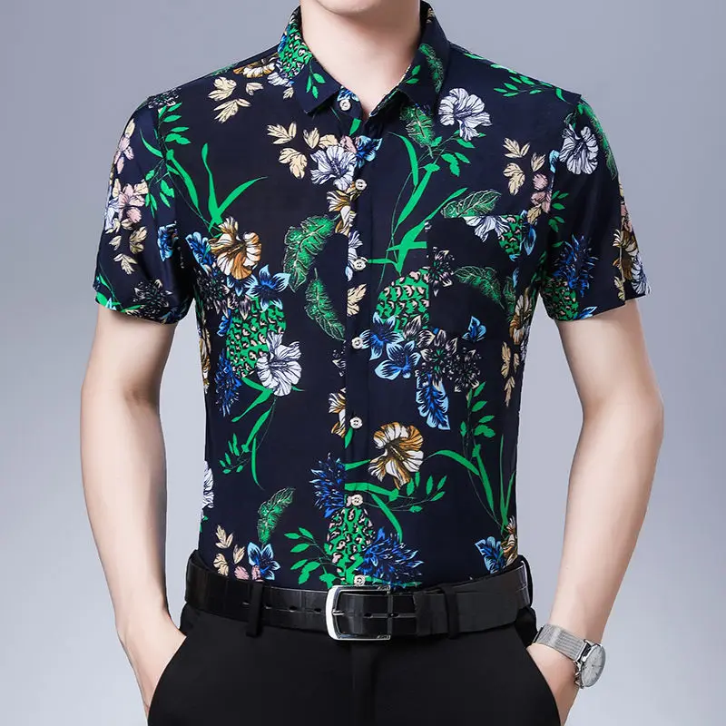 Streetwear Fashion Men Short Sleeve Black Floral Shirts Y2k Summer Quick Dry Lucky Cloud New Holiday Casual Lapel Loose Top 2023