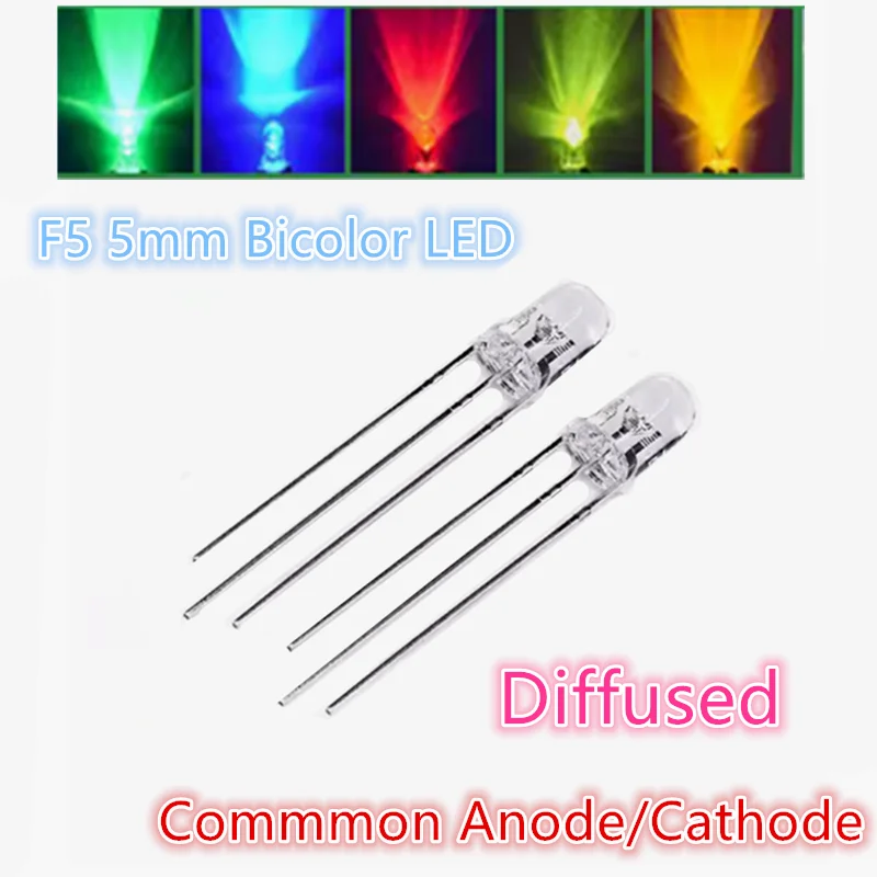 F5 5mm Bicolor LED, Red Green Blue ,Diffused, Common Anode/Cathode, 2V 3V 20mA Light Emitting Lamp Blub For DIY PCB