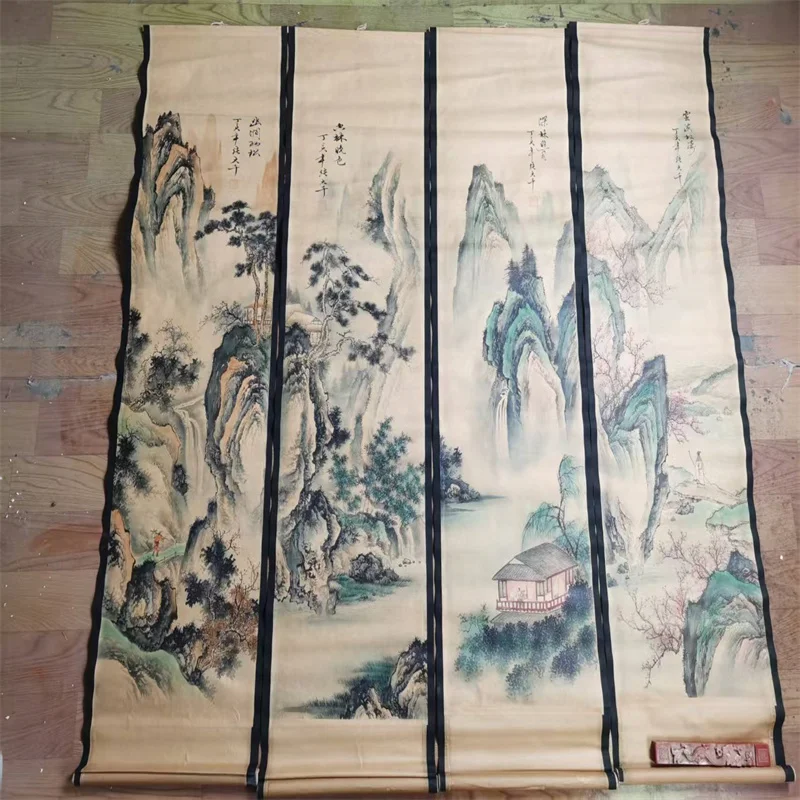 China Old Scroll Painting Four Screen Paintings Middle Hall Hanging Painting Zhang Daqian\'s Landscape Painting