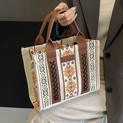 Jacquard Embroidery Bag National Style Canvas Shoulder Crossbody Bag For Women 2024 Boho Beach Travel Tote Bag