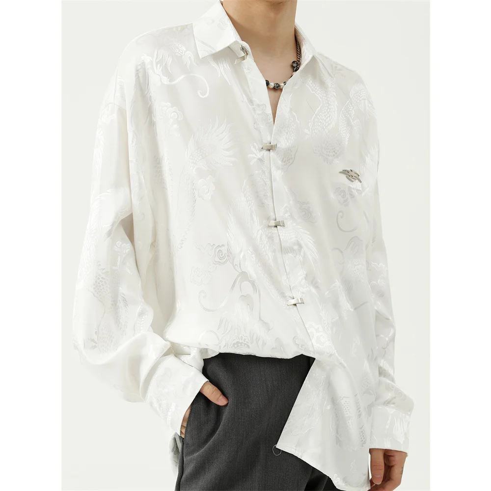 2024 Men's fashion casual commuting loose Chinese dragon style shirt loose plump handsome long-sleeved shirt men