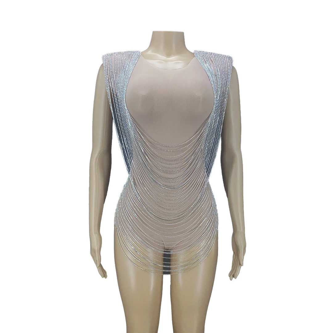 

Sparkly Chain Rhinestone Nude Sheer Mesh Bodysuit Sexy Women Sleeveless Shoulder Pad Nightclub Party Dance Show Outfit Zuanlian