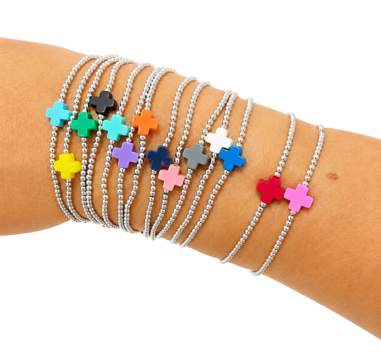 

VKVVA Silver-plated Bead Cross Charm Stretch,Minimalist Dainty Everyday Colorful Stackable bead Bracelet Gift for Her Daily Wear