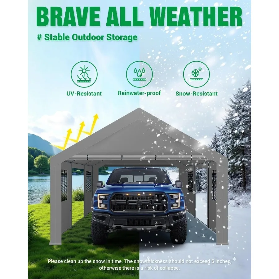 Heavy Duty Carport For Outdoor Use, Galvanized Steel Frame, Gray, Includes 4 Sandbags And 6 Reinforcing Rods For Enhanced Stabi