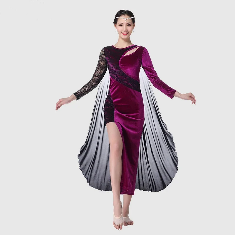 Sexy Belly Dance Costumes Flannelette Lace Long Long Sleeves Dress Women Autumn Winter Practice Club Stage Long Dress