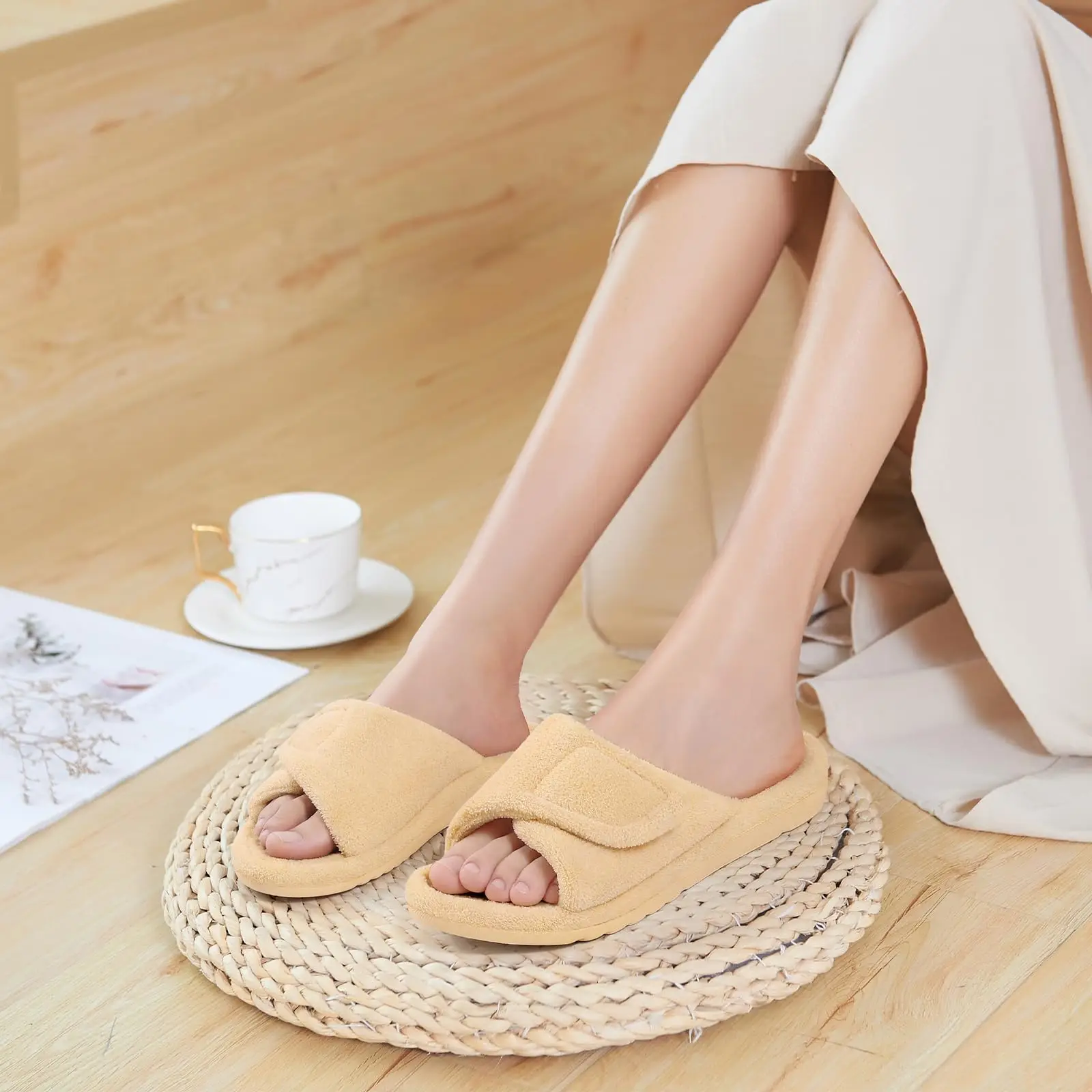 Smile Popcorn Autumn Adjustable Home Slippers Women Coral Fleece Memory Foam Indoor Slides Non-Slip PVC Sole Bedroom Slides