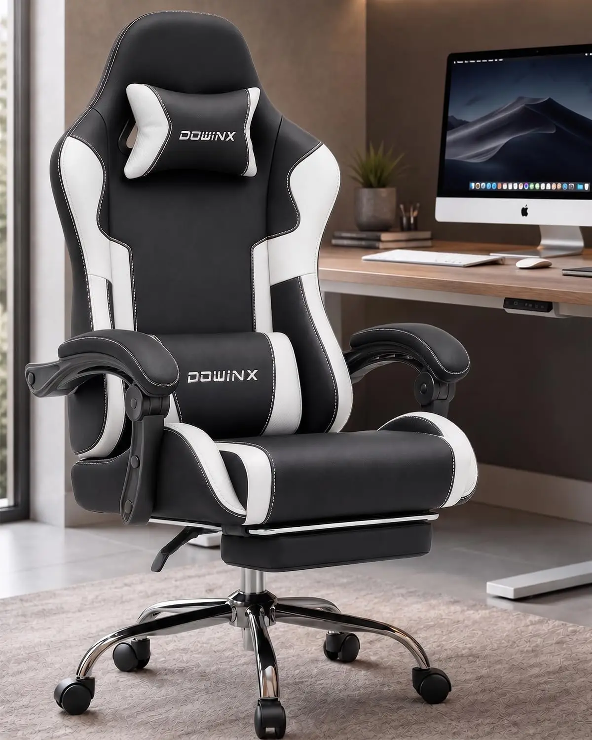 Dowinx Ergonomic Gaming Chair with Footrest & Massage Lumbar, 2D-Linkage Armrests for Computer Chair 330lbs with Headrest Pillow for Office, Home, Streaming and Long Gaming Sessions, White