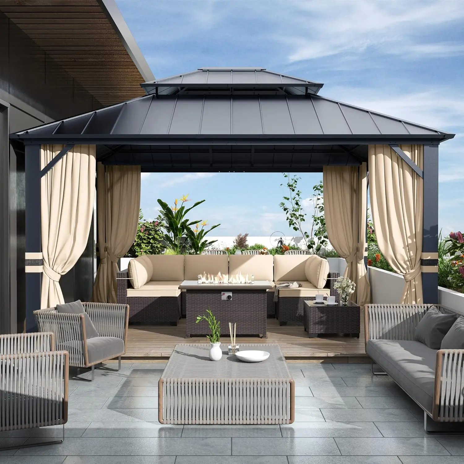 

12x14 Hardtop Gazebo Galvanized Steel Double Roof with Curtains & Netting for Patio Garden Lawn Sand, Custom