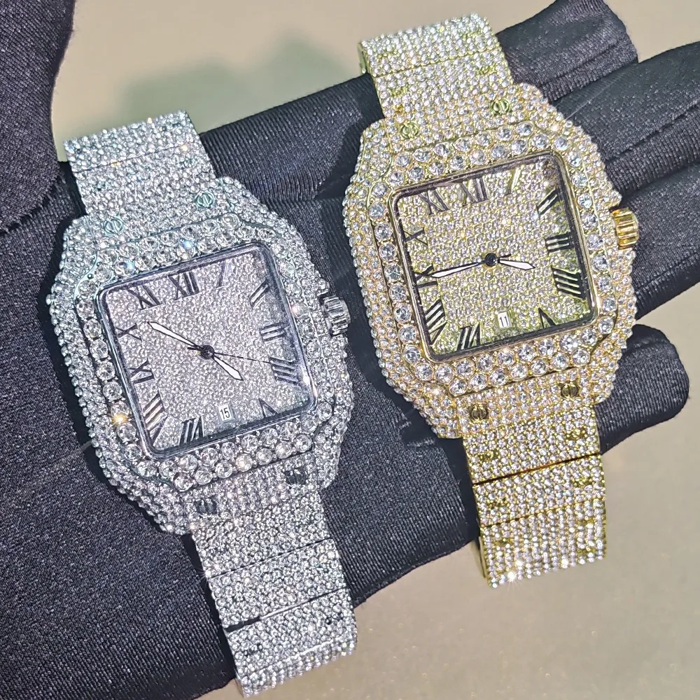 

Роскошные мужские часы с бриллиантами в стиле хип-хоп, блестящие наручные часы Iced Out, модные кварцевые часы с квадратным циферблатом, водонепроницаемые часы