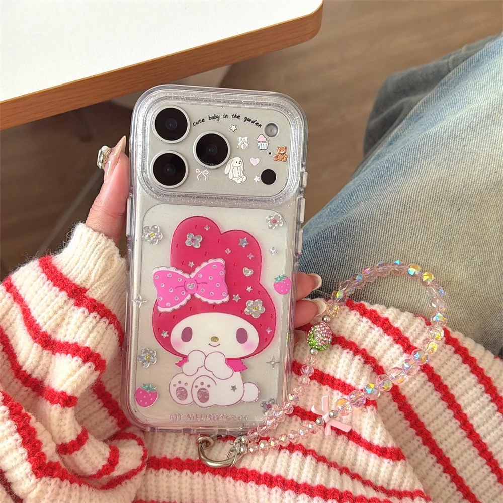 

Cute Strawberry Melody Rabbit Phone Case for iPhone 16 17 Pro 15 14 13 16 Pro 17 Pro Max Cover With Chain Cute Shockproof Funda