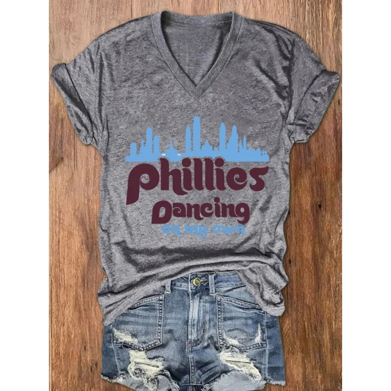 HOT Women's Baseball Print T-Shirts Summer V Neck Tops Short Sleeve Casual Tees