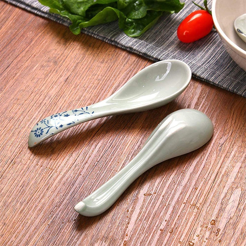 5.5in Ceramic Chinese Soup Spoon Asian Soup Spoon Beautiful Flower Suitable Ramen Cooking Steaming Dumpling Ceramic Tableware