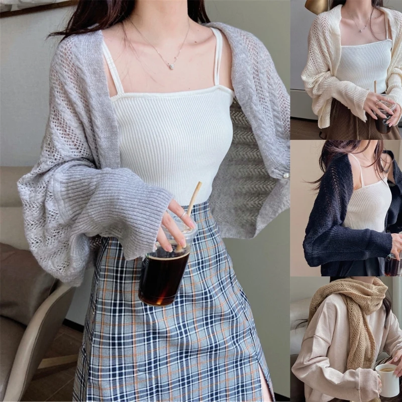 Phụ Nữ Nhún Vai Mùa Hè Dài Tay Crop Cardigans Áo Len Khăn Choàng Ngắn